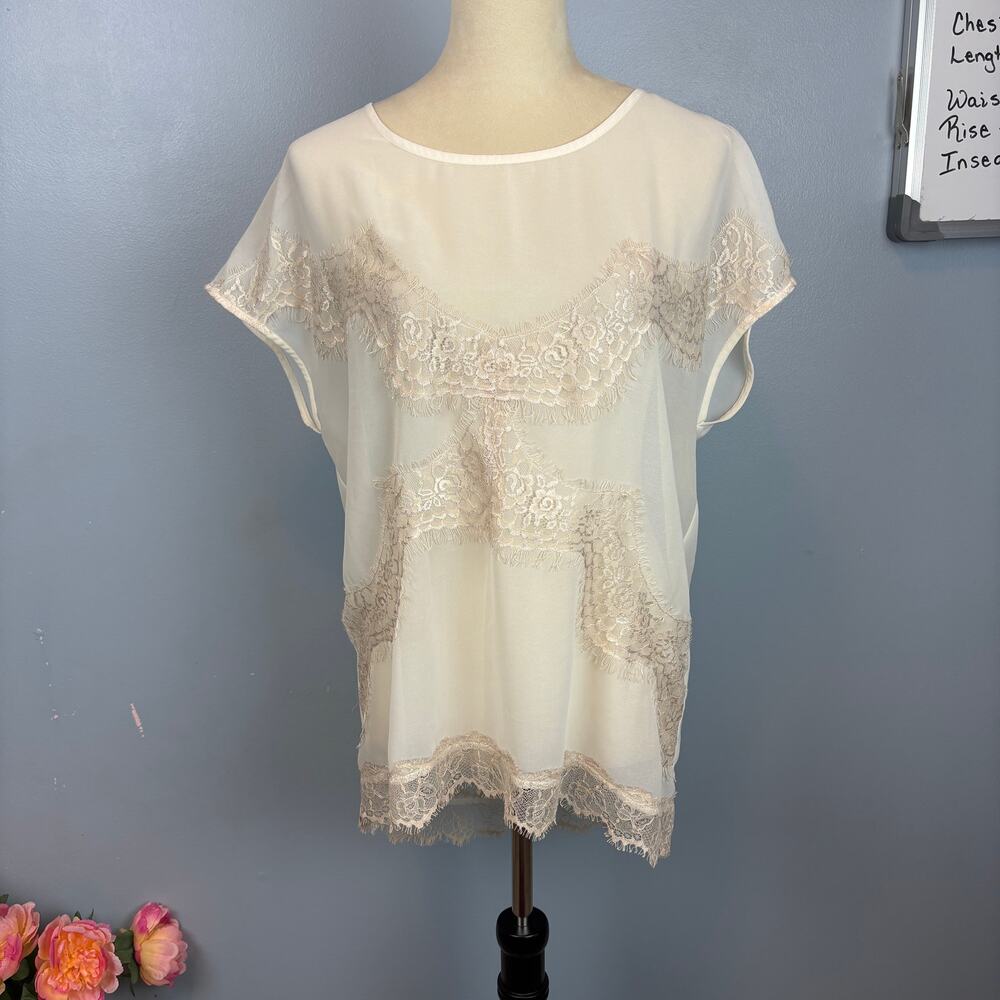 Pleione Anthropologie Lace Sheer Blouse Feminine Dainty Fair Chic Dolman Small